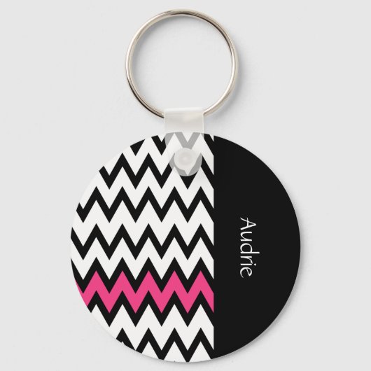Trendy Black en White Chevron Pink met naam Sleutelhanger (Voorkant)