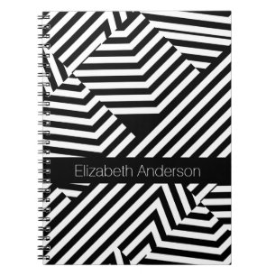 Trendy Black en White Geometric Stripes met naam Notitieboek
