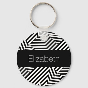 Trendy Black en White Geometric Stripes met naam Sleutelhanger
