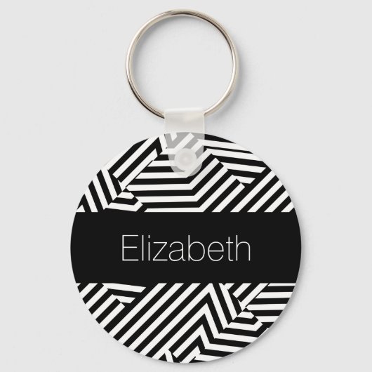 Trendy Black en White Geometric Stripes met naam Sleutelhanger (Voorkant)