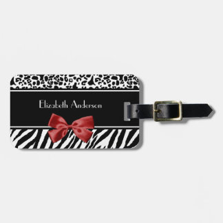 Trendy Black en White Leopard Zebra Print Red Bow Bagagelabel