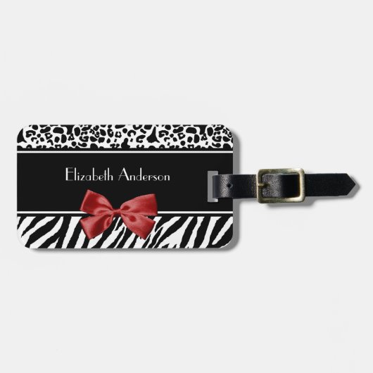 Trendy Black en White Leopard Zebra Print Red Bow Bagagelabel (Voorkant horizontaal)