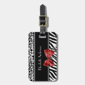 Trendy Black en White Leopard Zebra Print Red Bow Bagagelabel (Voorkant verticaal)