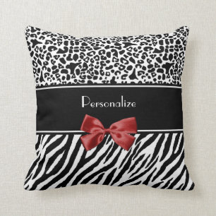 Trendy Black en White Leopard Zebra Print Red Bow Kussen