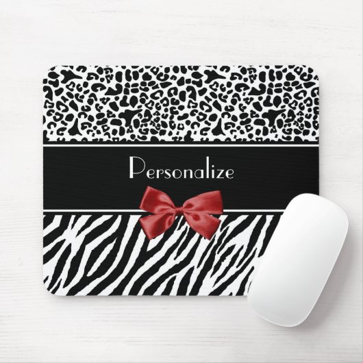 Trendy Black en White Leopard Zebra Print Red Bow Muismat (Met muis)