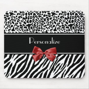 Trendy Black en White Leopard Zebra Print Red Bow Muismat