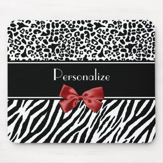 Trendy Black en White Leopard Zebra Print Red Bow Muismat (Voorkant)
