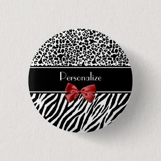 Trendy Black en White Leopard Zebra Print Red Bow Ronde Button 3,2 Cm (Voorkant)