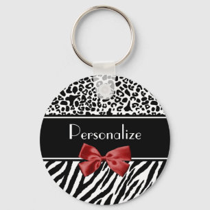 Trendy Black en White Leopard Zebra Print Red Bow Sleutelhanger