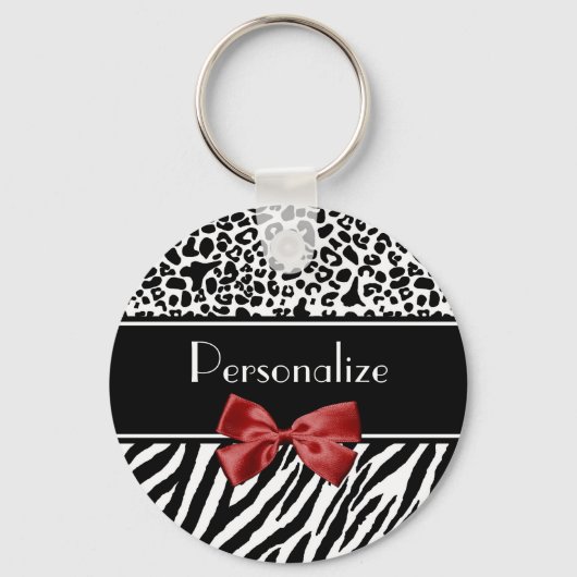 Trendy Black en White Leopard Zebra Print Red Bow Sleutelhanger (Voorkant)
