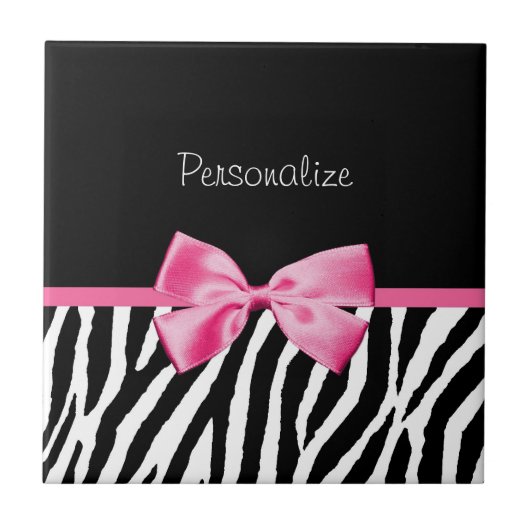 Trendy Black en White Zebra print roze lint Tegeltje (Voorkant)