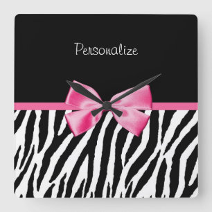 Trendy Black en White Zebra print roze lint Vierkante Klok