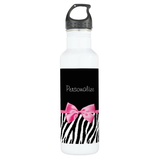 Trendy Black en White Zebra print roze lint Waterfles (Voorkant)