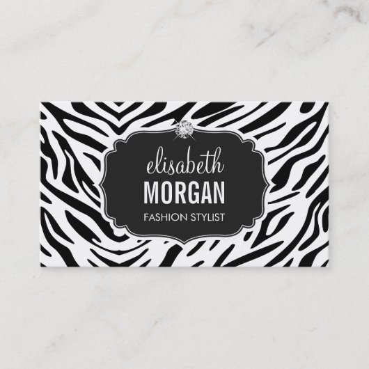Trendy Black en White Zebra Print Shiny Diamond Visitekaartje (Voorkant)