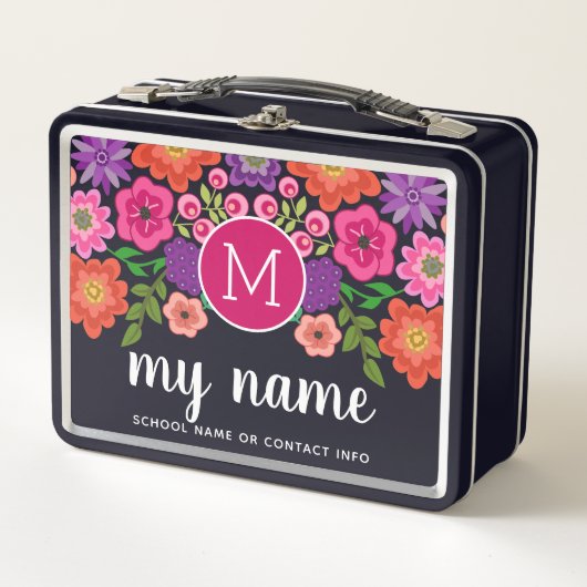 Trendy Black Floral Pattern met Custom Monogram (Voorkant)