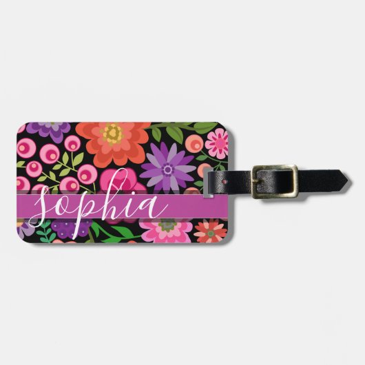 Trendy Black Floral Pattern met Custom Monogram Bagagelabel (Voorkant horizontaal)