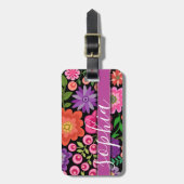 Trendy Black Floral Pattern met Custom Monogram Bagagelabel (Voorkant verticaal)
