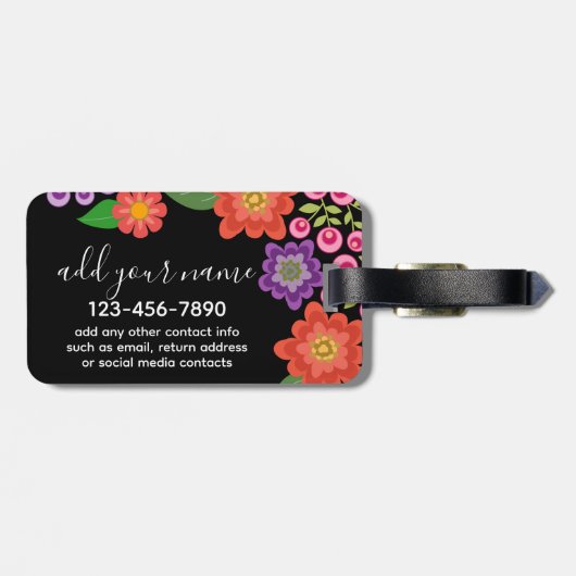 Trendy Black Floral Pattern met Custom Monogram Bagagelabel (Achterkant horizontaal)