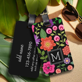 Trendy Black Floral Pattern met Custom Monogram Bagagelabel