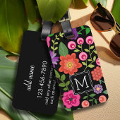 Trendy Black Floral Pattern met Custom Monogram Bagagelabel