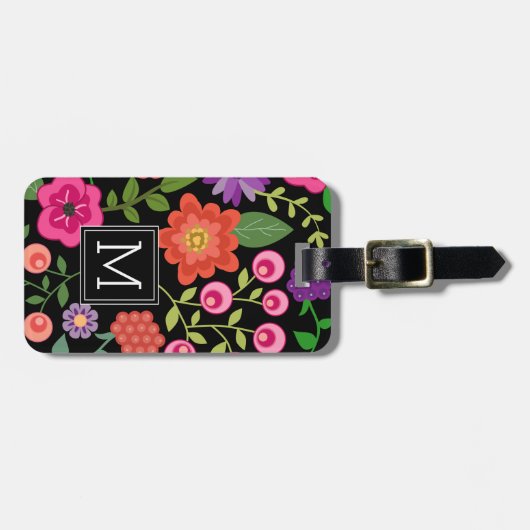 Trendy Black Floral Pattern met Custom Monogram Bagagelabel (Voorkant horizontaal)