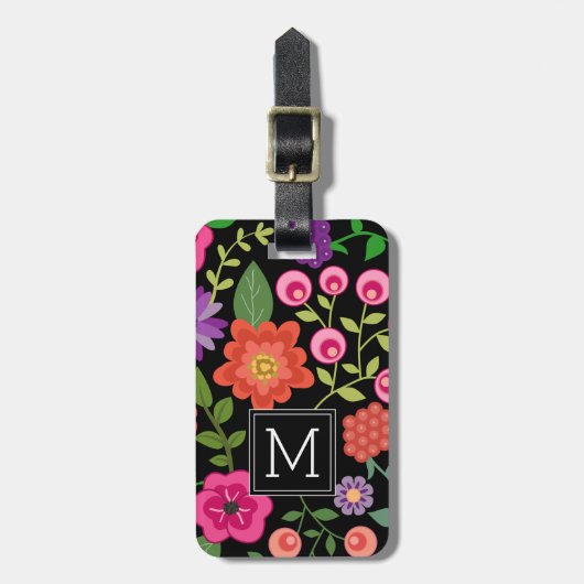 Trendy Black Floral Pattern met Custom Monogram Bagagelabel (Voorkant verticaal)