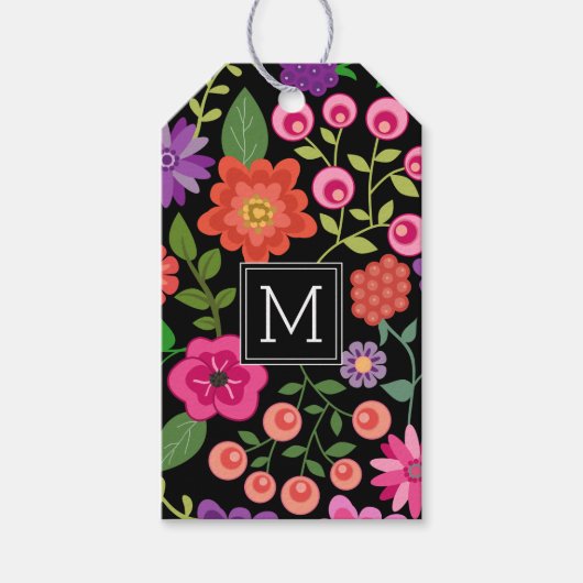 Trendy Black Floral Pattern met Custom Monogram Cadeaulabel (Voorkant)