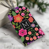 Trendy Black Floral Pattern met Custom Monogram Cadeaulabel