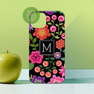 Trendy Black Floral Pattern met Custom Monogram Case-Mate iPhone 14 Hoesje