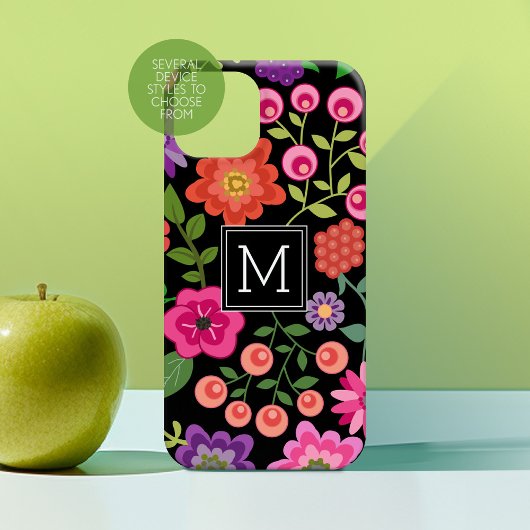 Trendy Black Floral Pattern met Custom Monogram Case-Mate iPhone Case