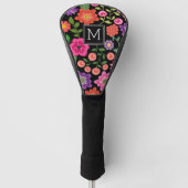 Trendy Black Floral Pattern met Custom Monogram Golfheadcover (Voorkant)