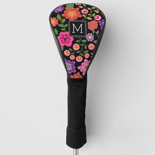 Trendy Black Floral Pattern met Custom Monogram Golfheadcover (Voorkant)