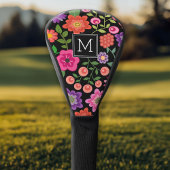 Trendy Black Floral Pattern met Custom Monogram Golfheadcover