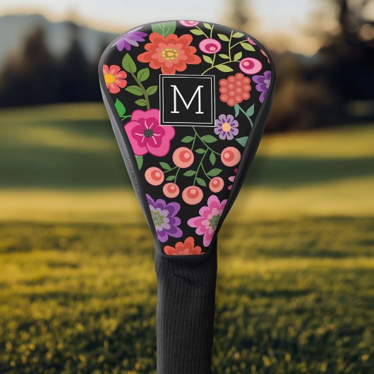 Trendy Black Floral Pattern met Custom Monogram Golfheadcover