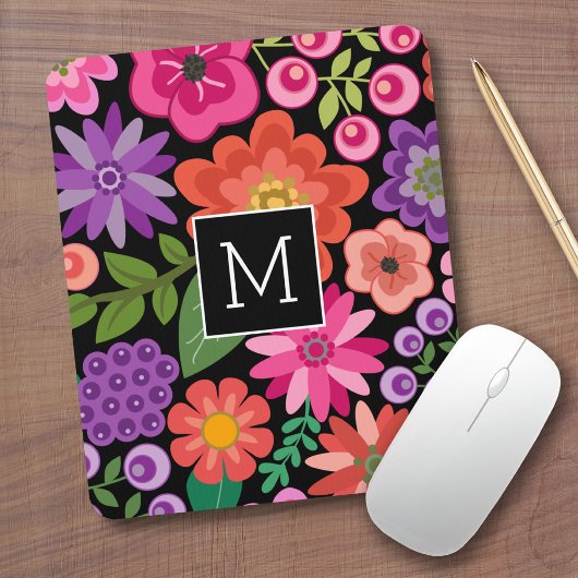 Trendy Black Floral Pattern met Custom Monogram Muismat