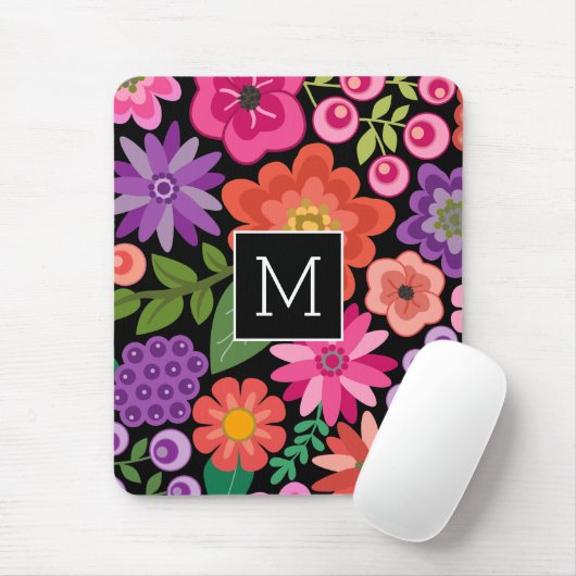 Trendy Black Floral Pattern met Custom Monogram Muismat (Met muis)