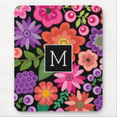 Trendy Black Floral Pattern met Custom Monogram Muismat (Voorkant)
