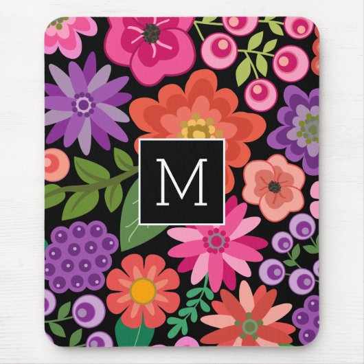 Trendy Black Floral Pattern met Custom Monogram Muismat (Voorkant)