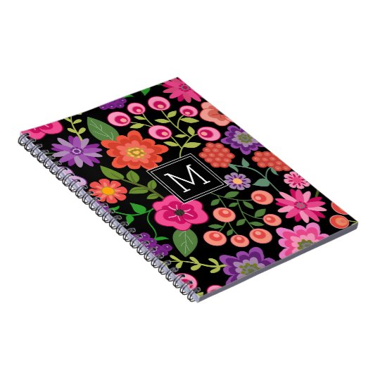 Trendy Black Floral Pattern met Custom Monogram Notitieboek (Rechterzijde)