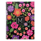 Trendy Black Floral Pattern met Custom Monogram Notitieboek (Voorkant)