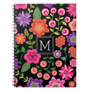 Trendy Black Floral Pattern met Custom Monogram Notitieboek