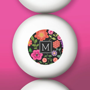 Trendy Black Floral Pattern met Custom Monogram Pingpongbal
