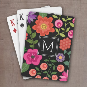 Trendy Black Floral Pattern met Custom Monogram Speelkaarten