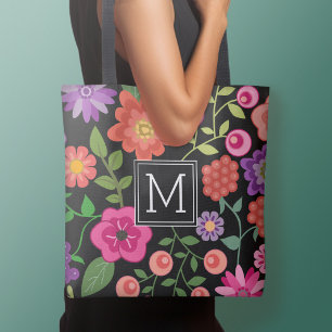 Trendy Black Floral Pattern met Custom Monogram Tote Bag