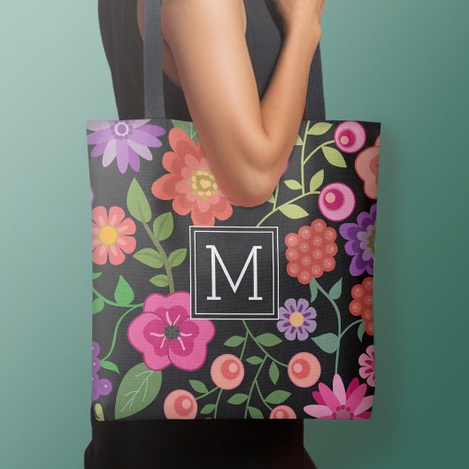 Trendy Black Floral Pattern met Custom Monogram Tote Bag