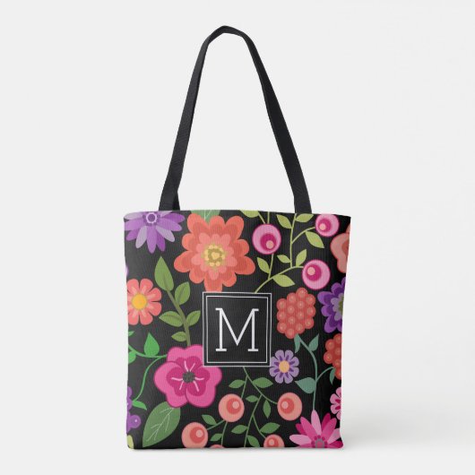 Trendy Black Floral Pattern met Custom Monogram Tote Bag (Achterkant)