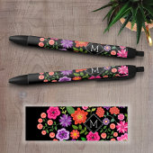 Trendy Black Floral Pattern met Custom Monogram Zwarte Inkt Pen
