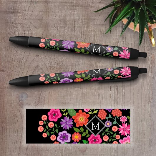 Trendy Black Floral Pattern met Custom Monogram Zwarte Inkt Pen