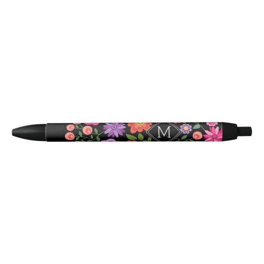 Trendy Black Floral Pattern met Custom Monogram Zwarte Inkt Pen (Voorkant)