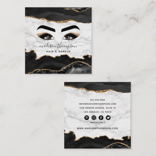 Trendy Black & Gold Girly Makeup Artist Vierkante Visitekaartje (Voorkant / Achterkant)